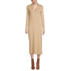 Vince Women's Tan Johnny Collar Luxurious Pima Cotton Midi Dress Size Large NWOT